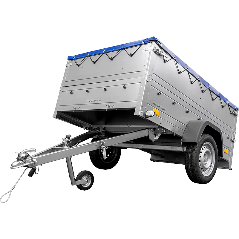 Kippbarer PKW-Anhänger 750 kg mit Zusatzbordwänden & Flachplane