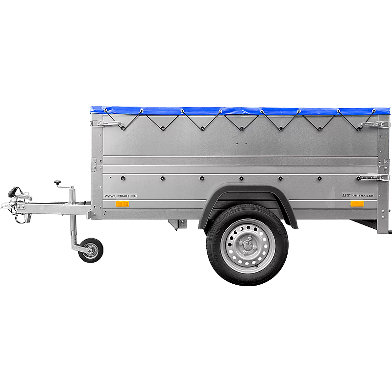 Kippbarer PKW-Anhänger 750 kg mit Bordwänden & Flachplane