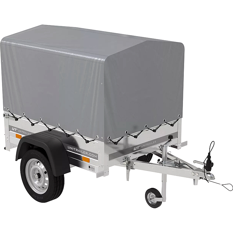 Kippbarer Tiefladeranhänger 750 kg mit Hochplane & Hochspriegel