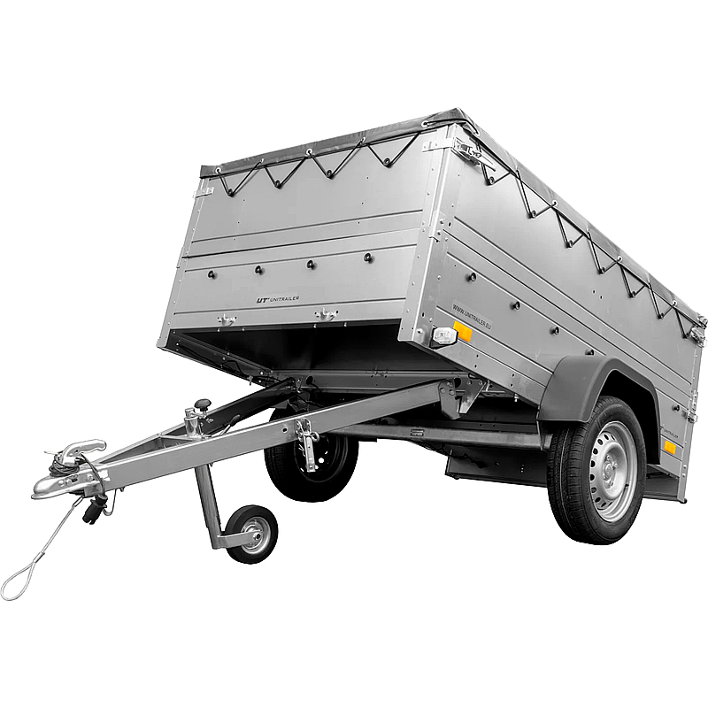 Kippbarer PKW-Anhänger 750 kg mit Zusatzbordwänden & Flachplane